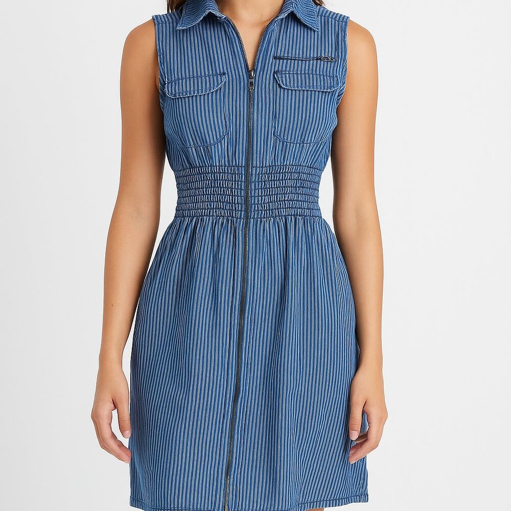 J Gee Striped A-Line Skater Dress Full Zipper Smocked Waist XL